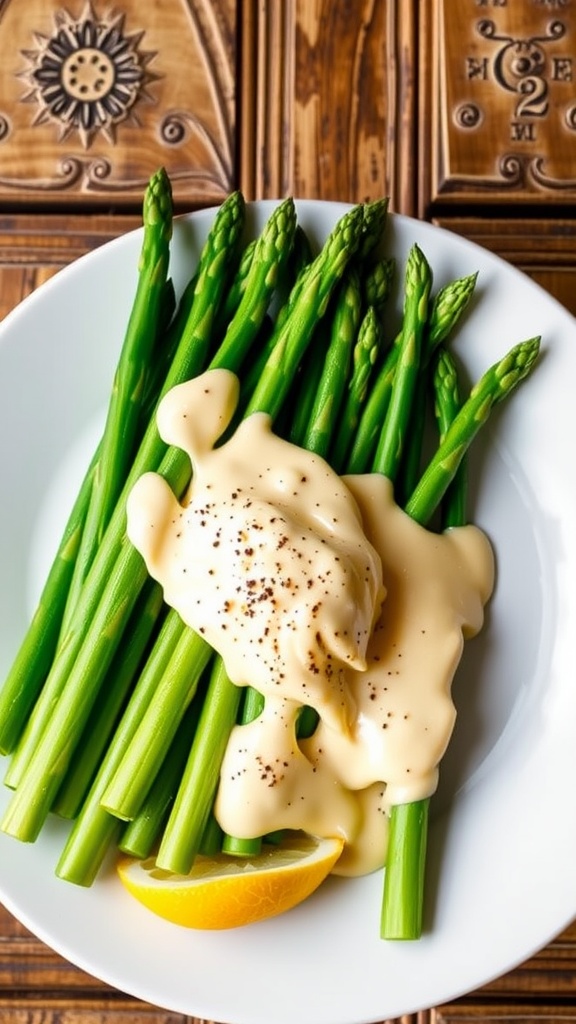 Tender asparagus topped with creamy hollandaise sauce, garnished with lemon and black pepper on a rustic table.